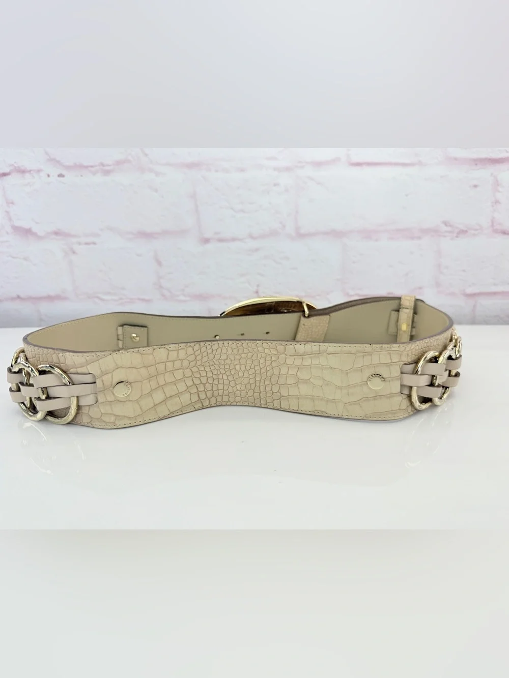 Versace Medusa Crocodile Embossed Leather Belt Beige 85/34 Italy CD9429 Unisex